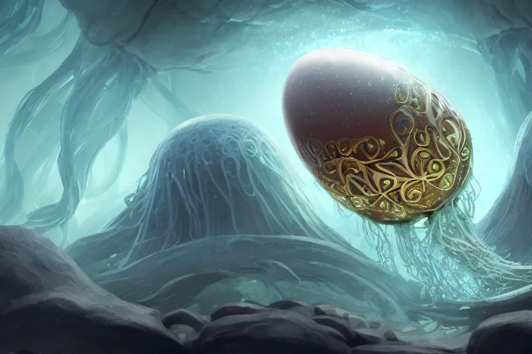 Image similar to a mystical egg with elaborate design inside a cave full of floating jellyfish, wlop, concept art, digital painting, trending on artstation, highly detailed, epic composition, 8 k uhd