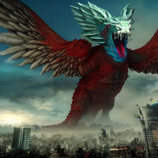 Prompt: giant kaiju with wings destroying a city, photo realistic, hyper realistic, extremely detailed