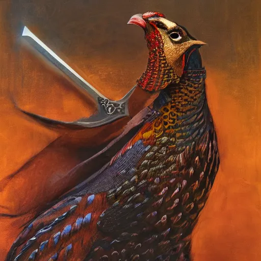 Prompt: a pheasant is girded with a belt, a sword hangs on the belt, by lily seika jones , rivuletpaper art, top cinematic lighting, cinematic mood, very detailed, shot in canon, by Viktor Vasnetsov, oil painting, harsh fairy tale, soft style, hyperrealism, beautiful, high resolution, trending on artstation, beautiful sword