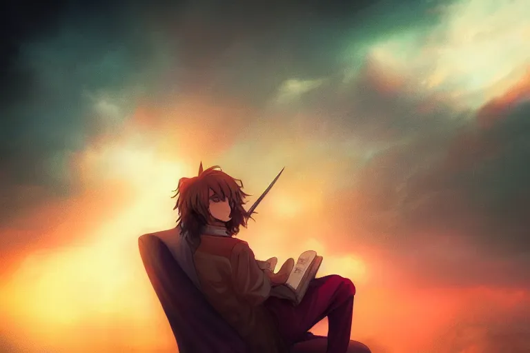 Image similar to an anime wizard with a sword reading a book on a cloud relaxing, misty, glows, digital art, hazy, foggy, ambient lighting, 8 k, neon, synthwave,