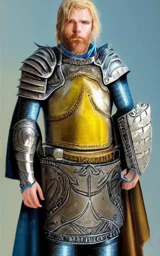 Image similar to highly detailed concept art of a rugged young knight with blonde hair and blue eyes and a short beard wearing a blue shirt over chain mail and steel pauldrons and a yellow cape and leather boots holding a shield and a warpick, concept art by Greg Rutkowski, realistic, masterpiece, ArtStation