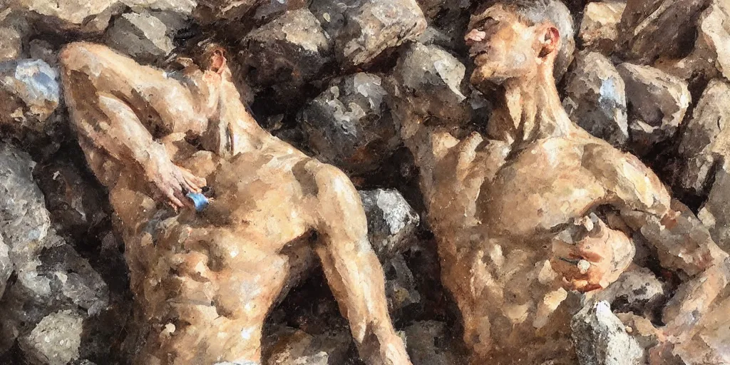 Image similar to highly detailed photography of a men made of rocks, big rocks, sharp focus, dramatic scene, aesthetic, dynamic lighting, elegant, harmony, masterpiece, by kent williams, by jenny saville, high quality