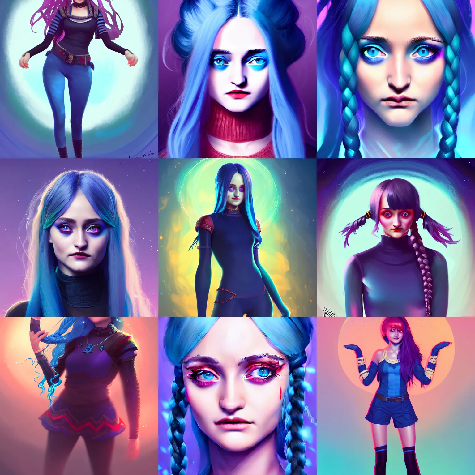 Prompt: portrait attractive ella purnell, hair blue two long braids, evil eyes, insane intrigue laugh, particles explosion, high boots, short bridges with leggins and top, elegant intricate matte sharp focus 8 k, fantasy digital art, league of legends ilya kuvshinov