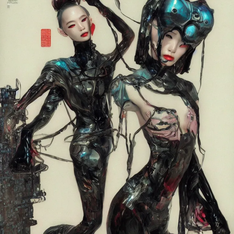 Image similar to sensual chinese domme, cyberpunk fashion, porcelain skin, vogue, james gurney, wayne barlowe, 4 k