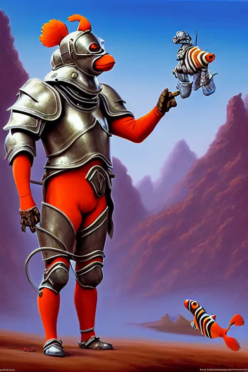 Prompt: classic oil painting, an anthropomorphic bipedal clownfish that is dressed as an armored knight, as a dnd character, standing in the hot desert, cottagecore, highly detailed, digital illustration, concept art, smooth, sharp focus, art by tim hildebrandt, and greg hildebrandt