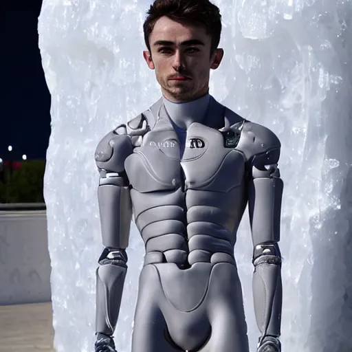 Image similar to made of ice, a realistic detailed photo of a guy who is an attractive humanoid who is half robot and half humanoid, who is a male android, on display, blank stare, showing off his muscles, shiny skin, posing like a statue, by the pool, frozen ice statue, f 1 driver charles leclerc, humanoid robot