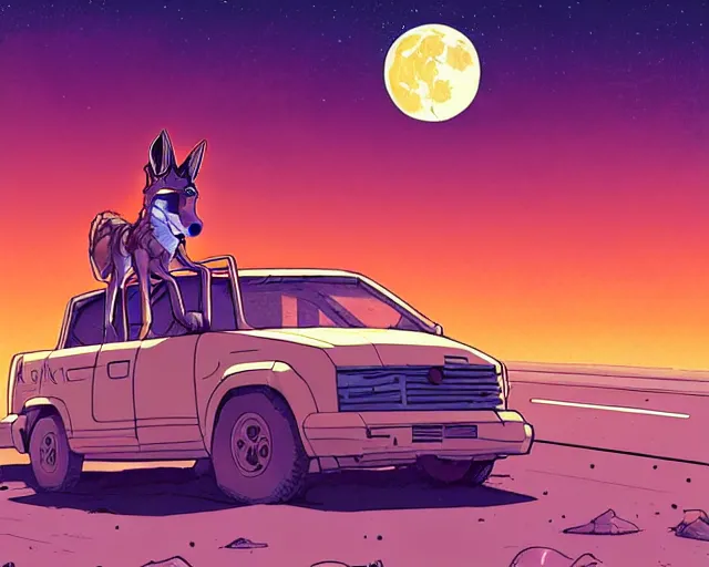 Prompt: a study of cell shaded cartoon of a mechanical coyote on a desert road, in front of a big moon illustration, wide shot, subtle colors, post grunge, concept art by josan gonzales and wlop, david rubin, mike mignola, laurie greasley, highly detailed, sharp focus, trending on artstation, hq, deviantart, art by artgem