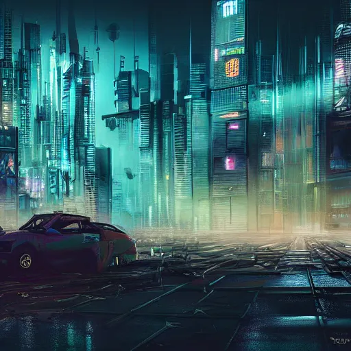 Prompt: futuristic cyberpunk scrapyard in the mist photorealistic dramatic