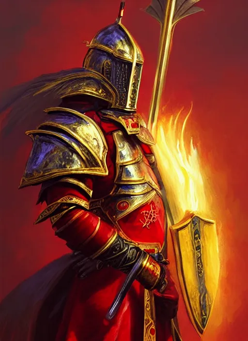 Image similar to a _ fantasy _ style _ portrait _ painting _ of knight with red plume, gold sword and big shield, fire background, firey environment, oil _ painting _ unreal _ 5 _ daz. _ rpg _ portrait _ extremely _ detailed _ artgerm _ greg _ rutkowski _ greg