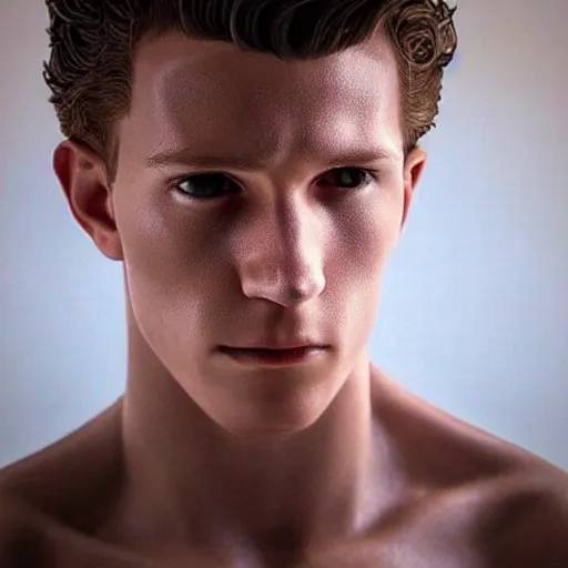 Image similar to “a realistic detailed photo of a guy who is an attractive humanoid who is half robot and half humanoid, who is a male android, Tom Holland, shiny skin, posing like a statue, blank stare”