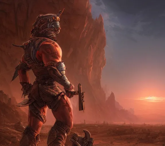 Image similar to detailed concept illustration, matte painting, strong muscular older soldier roaming through desert with city in the skyline, two suns, purple sky orange colors, ant aliens at the horizon, sharp focus, illustration, highly detailed, digital painting, concept art, matte, art by wlop and artgerm and greg rutkowski, masterpiece