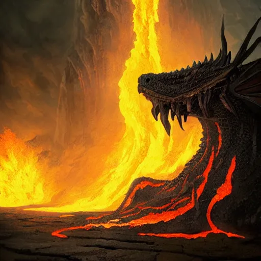 Image similar to dragon made of molten stone dripping with lava rising from the ground, digital art, highly detailed, intricate, tense atmosphere, menacing, scary, 8 k, by greg rutkowski