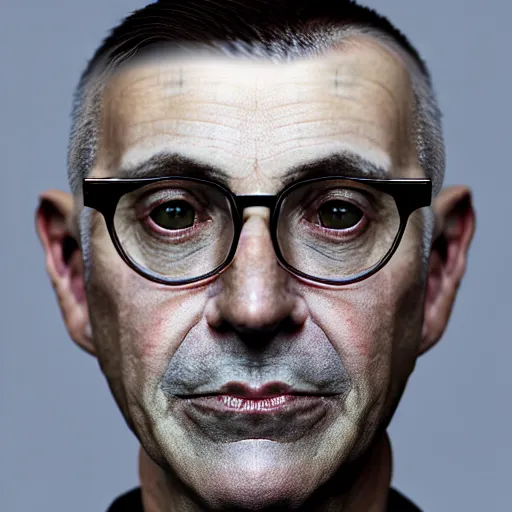 Prompt: 50 year old greying brunette man with very short hair, buzz cut, round round round face round face round face, square face, round jaw, wide chin , romanian, silver silver glasses, romanian heritage, brown eyes, brown eyes, olive skin, round nose, round chin, clean shaven wide face, thin lips, digital art, painterly, painting, 8k, illustration, beautiful, art by loish, painterly, trending on artstation, medium shot, uncropped