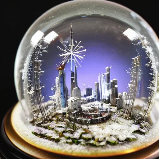 Prompt: a snow globe with an futuristic city of an insect civilization inside, sharp focus, highly detailed, Close-up