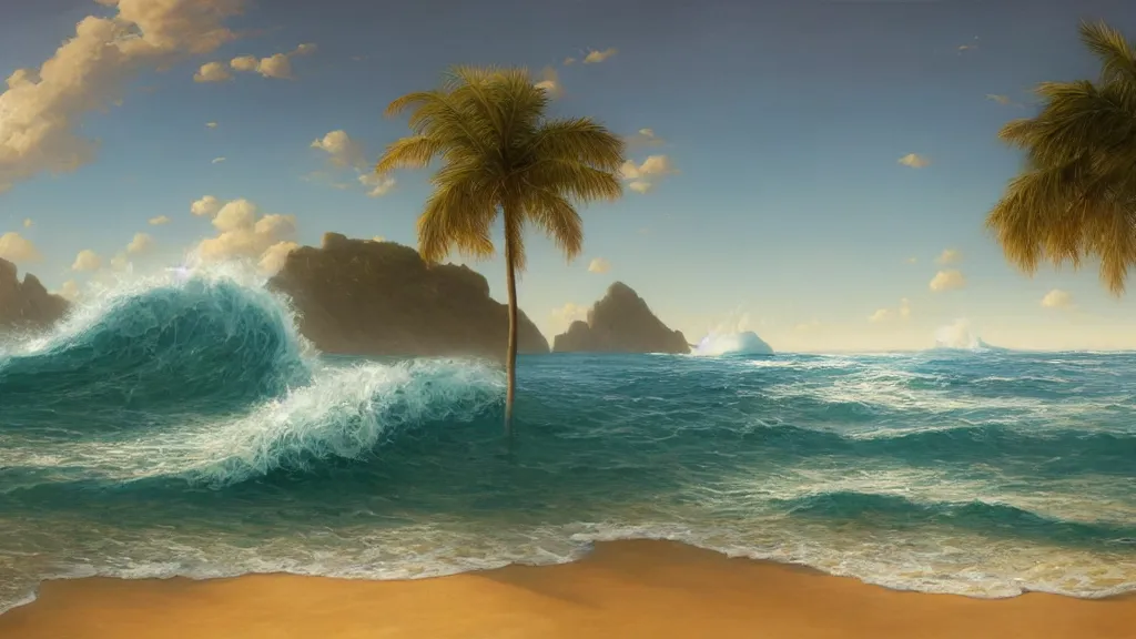 Image similar to first person view of breaking waves on the shore, summer, clear beautiful sky, sea breeze rises in the air, by andreas rocha and john howe, and Martin Johnson Heade, featured on artstation, featured on behance, golden ratio, ultrawide angle, f32, well composed