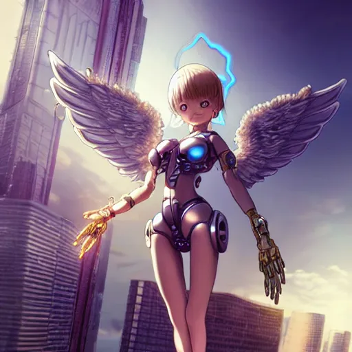 Image similar to cute endowed cyborg - angel girl with large angelic wings standing on the edge of a rooftop overlooking a floating city, left eye gold and right eye silver, biomechanical details, bionic cyborg implants, digital cyberpunk - anime art, full body shot, reflections, lens flare, wlop, ilya kuvshinov, artgerm, krenz cushart, greg rutkowski