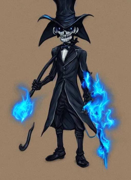 Image similar to DND character art, skeletal male figure, wearing a deep black suit!!! and tie and top hat, holding a gold! cane!, blue flames in background, blue flames