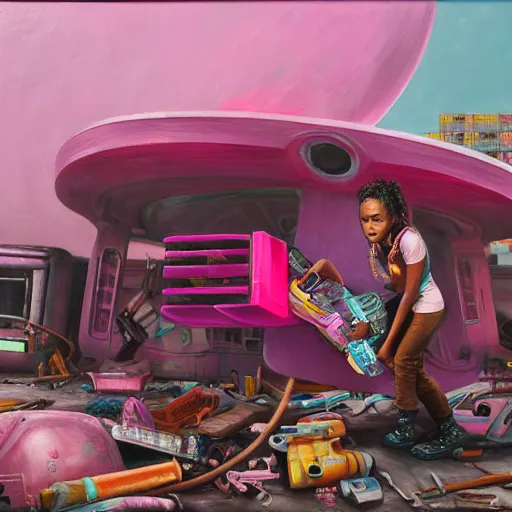 Image similar to a black girls building a pink spaceship out of junk in the cyberpunk ghetto by justin bua, oil on canvas, 8k