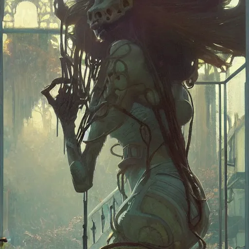 Image similar to an unimaginable artificial horror menacingly looms over a crouched, scared girl by stanley artgerm lau, greg rutkowski, thomas kindkade, alphonse mucha, loish, norman rockwell.