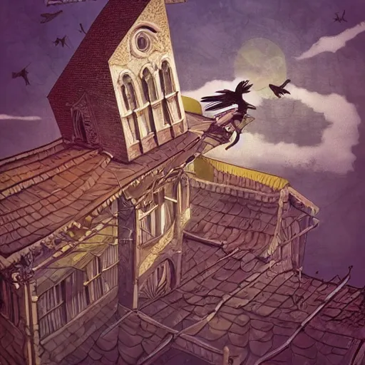 Image similar to A clown on the roof of the church playing with crows, by Android Jones and M. C. Escher collaboration, futurist, digital art, dramatic lighting, symbolic