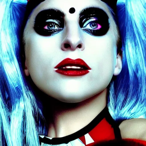 Image similar to awe inspiring photorealistic movie poster featuring Lady Gaga as Harley Quinn 4k hdr amazing lighting