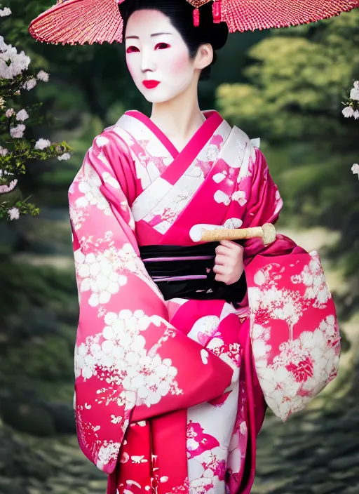 Image similar to Beautiful Japanese geisha close up portrait shot, 1920s geisha, young woman, in color, half body photo, upper body, traditional geisha clothing, geisha makeup, geisha hairstyle, hyper realistic, 8k, trending, professional photography, cherry blossom background