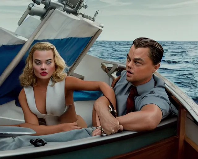 Prompt: leonardo dicaprio as the wolf of wall street next to margot robbie as naomi from the wolf of wall street sitting in a fishing boat, hyper realistic faces, beautiful eyes, cinematic, long shot, hyper detailed, 8 5 mm photograph, 8 k resolution, film still, sharp lens, wide lens