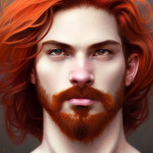 Image similar to portrait of a bull with a humanoid face, male, handsome, masculine, full body, red hair, long hair, soft hair, fantasy, intricate, elegant, highly detailed, suit, coffee shop, digital painting, artstation, concept art, character art, smooth, sharp focus, illustration, art by artgerm and greg rutkowski and alphonse mucha