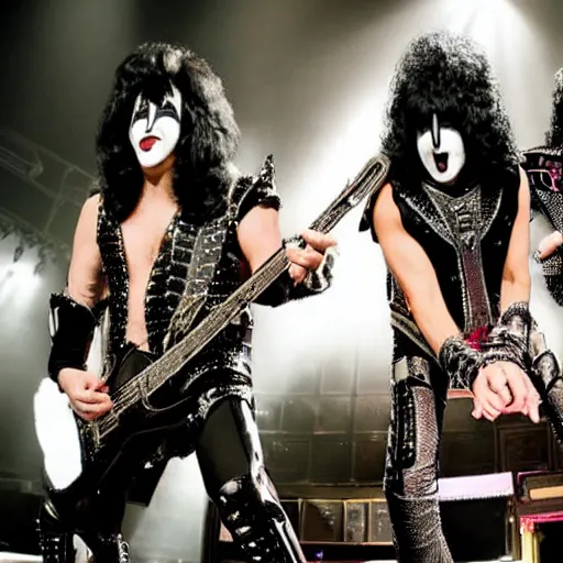 Image similar to photograph of the band kiss playing on - stage in concert