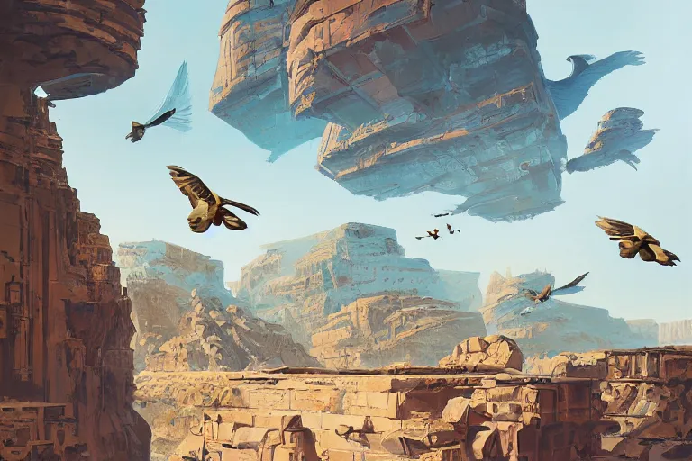 Image similar to an architectural painting of birds flying above the ruins of an archaic city of ancient persia looming above a canyon by syd mead and peter mohrbacher and james gilleard in the style of hugh ferriss