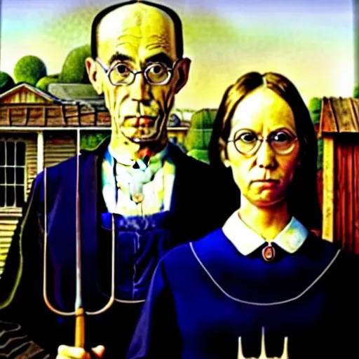 Image similar to american gothic replaced with horses, by grant wood