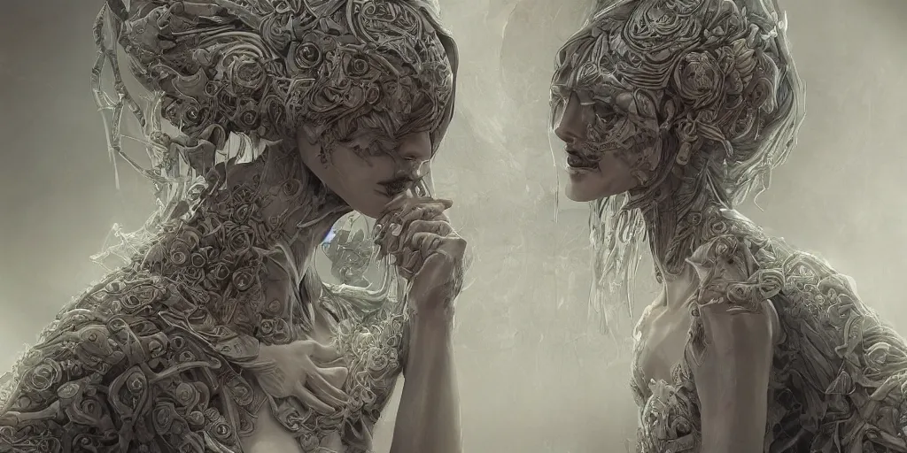 Image similar to hyperrealistic solarpunk photography of a highly detailed and symmetrical gorgeous android nymph in the style of beth cavener, jin kagetsu, james jean and wlop, face symmetry, masterpiece, award - winning, sharp focus, intricate concept art, ambient lighting, 8 k, artstation