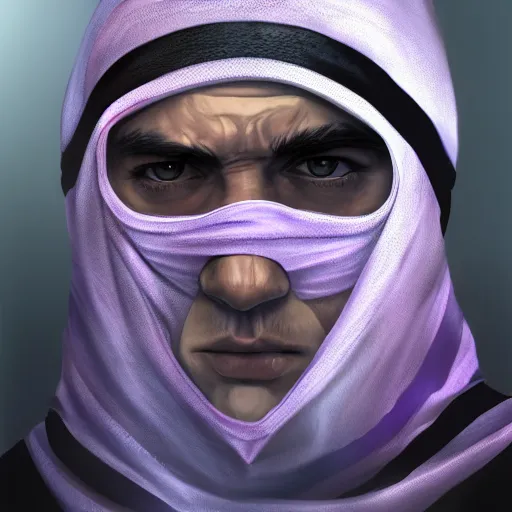 Image similar to ultra realistic illustration, man in a black hood, in a striped purple balaclava, mysterious, highly detailed, digital painting, artstation, concept art, smooth, sharp focus, illustration