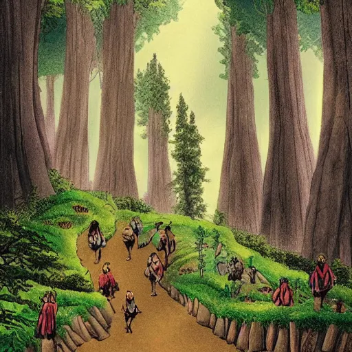 Image similar to a valley with tall trees and two hobbits walking through the forest in the style of J.R.R Tolkien