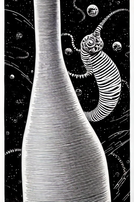 Image similar to an erlenmeyer flask with a caterpillar inside, bold line art, by vincent di fate and joe fenton, inking, etching, screen print, masterpiece, trending on artstation, sharp, high contrast, hyper - detailed, hd, 4 k, 8 k