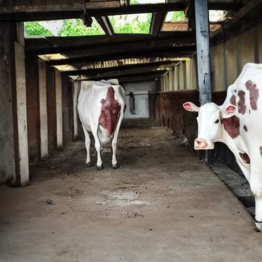 Image similar to dirty bottle of milk and a cow inside slaughterhouse