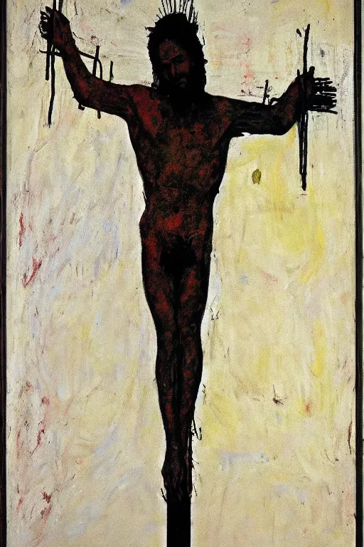 Prompt: jesus christ crucified painted by cy twombly, basquiat and andy warhol