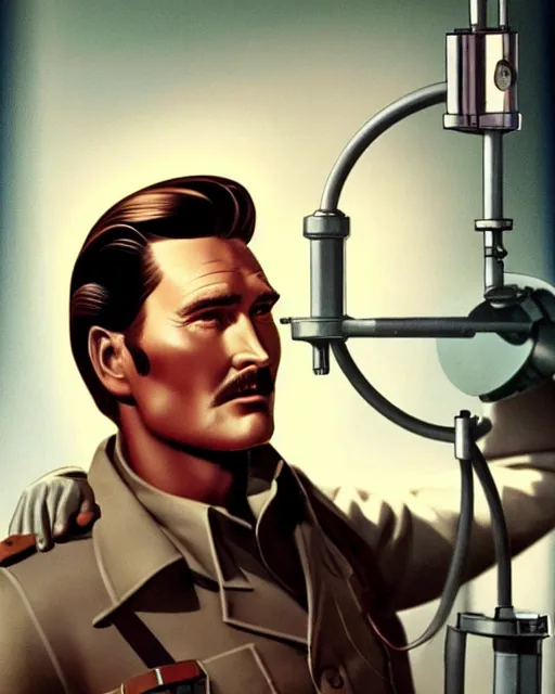 Image similar to Errol Flynn as a scientist. 1980s dystopian Soviet Russia, propaganda screens. Unreal engine, fantasy art by Ilya Kuvshinov. Faithfully depicted facial expression, perfect anatomy global illumination, radiant light, detailed and intricate environment