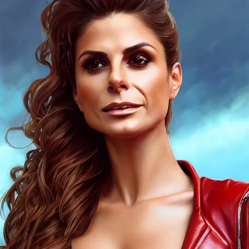 Image similar to portrait of maria menounos wearing a skintight leather jacket!!, intricate, elegant, highly detailed, digital painting, artstation, concept art, smooth, sharp focus, illustration, art by artgerm and greg rutkowski and alphonse mucha, 8 k