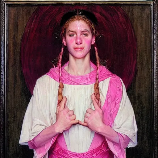 Image similar to a frontal portrait of a young priestess, dressed in white and pink, ( so happy, her face hurts ), by donato giancola and norman rockwell.