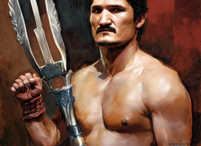 Image similar to a highly detailed beautiful portrait of pedro pascal as kratos, by gregory manchess, james gurney, james jean