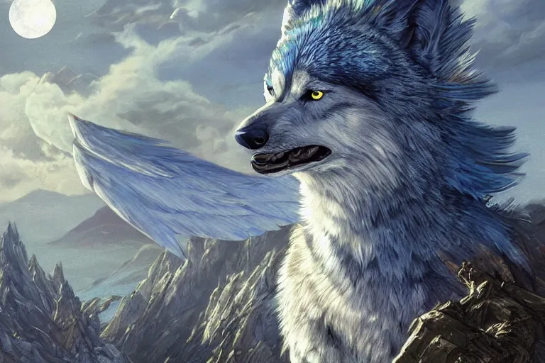 Image similar to Blue feathered wolf with wings on a beautiful fantasy landscape, hills, mountains, moonlit, HD, illustration, epic, D&D, fantasy, intricate, elegant, highly detailed, digital painting, artstation, concept art, smooth, sharp focus, illustration, wallpaper, art by artgerm and greg rutkowski and alphonse mucha and jin xiaodi