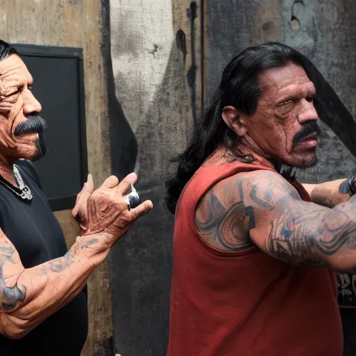 Prompt: danny trejo talking to danny trejo about prices of machetes in the free country of america