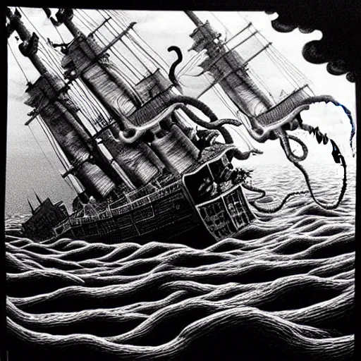 Image similar to a highly detailed hyperrealistic scene of a ship being attacked by giant squid tentacles, jellyfish, squid attack, dark, voluminous clouds, thunder, stormy seas, pirate ship, dark, high contrast, yoji shinkawa, scary, m.c. Escher, highly detailed, brutal, beautiful, octopus arms attacking the ship from the storm, illusion, artgerm