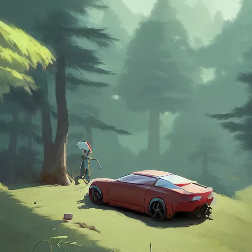 Prompt: goro fujita ilustration hikers parking the car in the forest, painting by goro fujita, characterized by masamune shirow and greg rutkowski, character art, focus, highly detailed, artstation