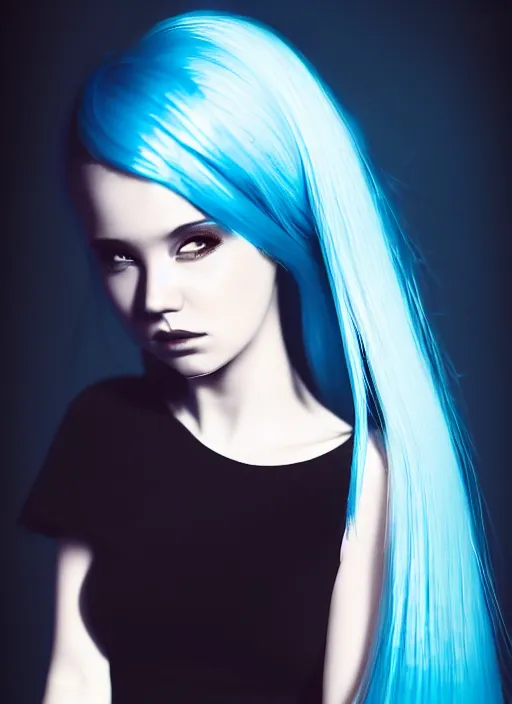 Prompt: hyper realistic photograph portrait of pretty girl with blue hair, wearing a little black dress, dramatic lighting by ilya kuvshinov