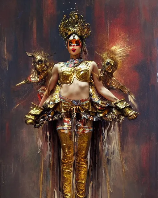 Image similar to holy goddess of circus and performance arts, golden accents by ruan jia