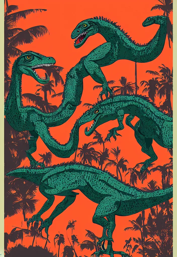 Image similar to a child looking at a velociraptor in the style of a retro poster, movie poster