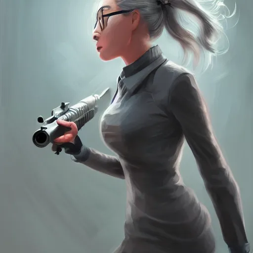 Prompt: a girl wearing a business, she has grey hair and is holding a gun, digital painting, smooth, hd, realist, artstation, deviantart, art by tran ross and