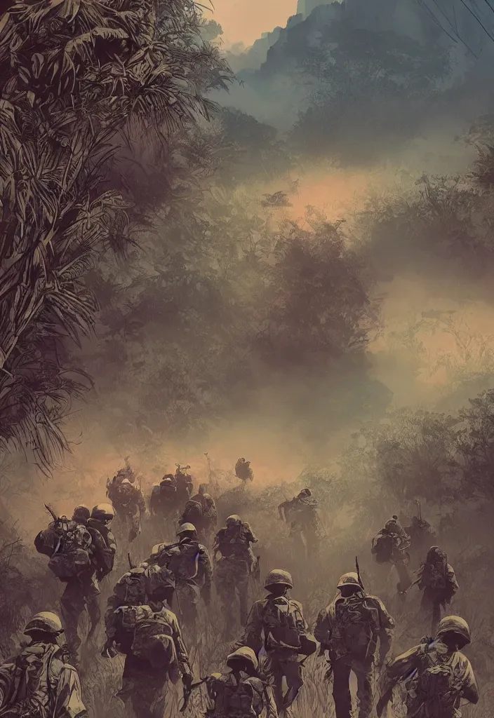 Prompt: handmade illustration of an epic Vietnam war scene with a very few american soldiers walking into the jungle, some smoke and fire, blue sky with dramatic clouds, line art, ballpoint, oil on canvas by Kilian Eng and by Jake Parker, heavy brushstrokes, winning-award masterpiece, fantastic, octane render, 8K HD Resolution, High quality image